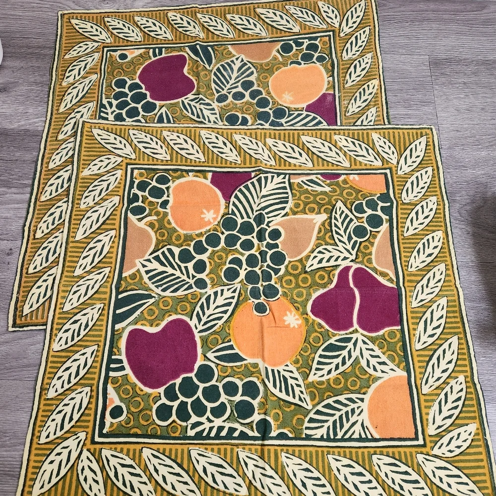 Vintage‎ Pottery Barn Fruit Leaf Cotton Placemats Set of 2 Mustard Orange Purple